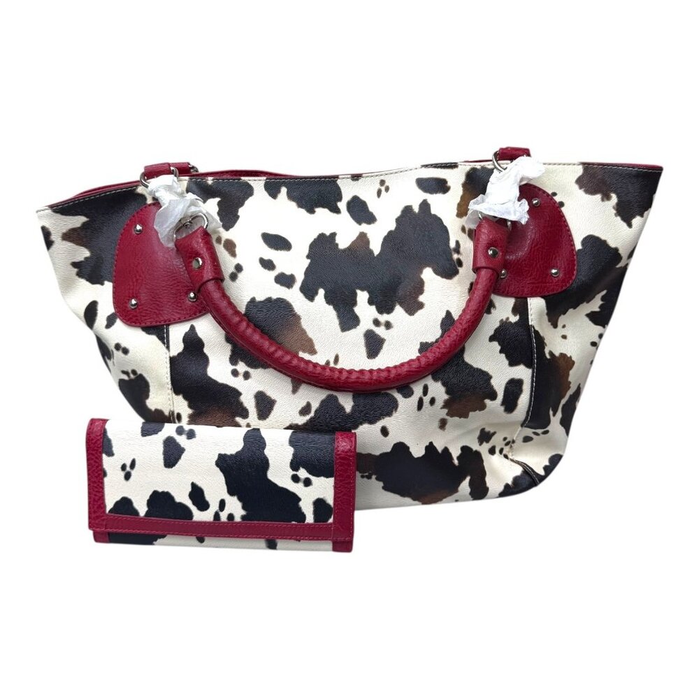 Y2K Camo Cow Print Handbag & Wallet Set Red Faux Leather Accents Western SW NEW